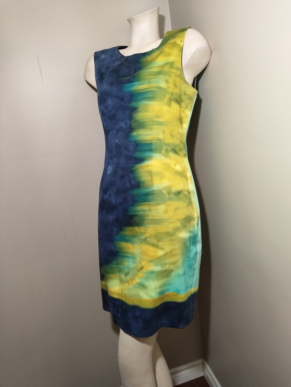 Elie Tahari Colorblock Sheath Dress Watercolor Print Sleeveless Cotton Blend 10 - Picture 5 of 16